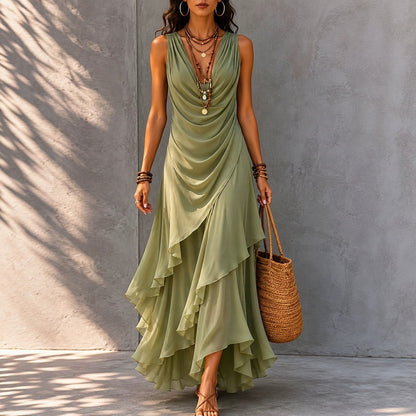 Sleeveless Draped V-Neck Asymmetrical Ruffle Maxi Dress
