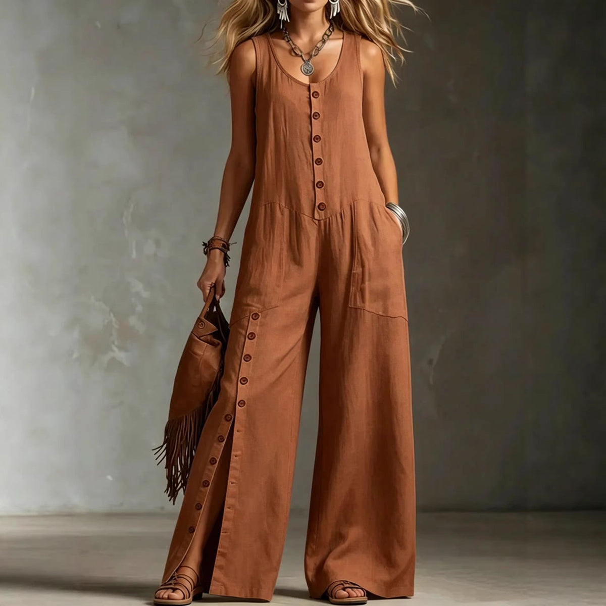 Sleeveless Button Front Side Slit Wide Leg Linen Jumpsuit