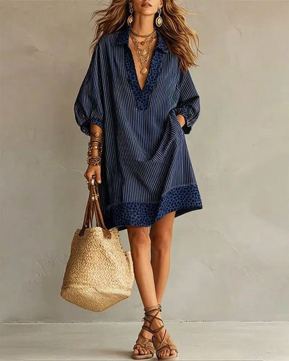 Striped Leopard Trim Loose Shirt Mini Dress