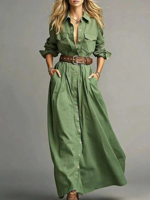 Robe longue boutonnée à col revers pour femme, à manches longues et coupe trapèze, avec poches