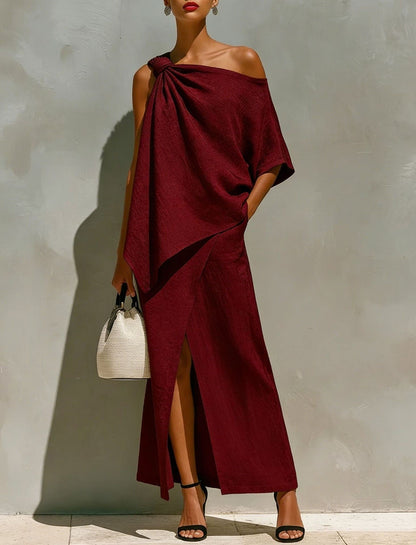 Asymmetric Knot Linen Two-Piece White Set