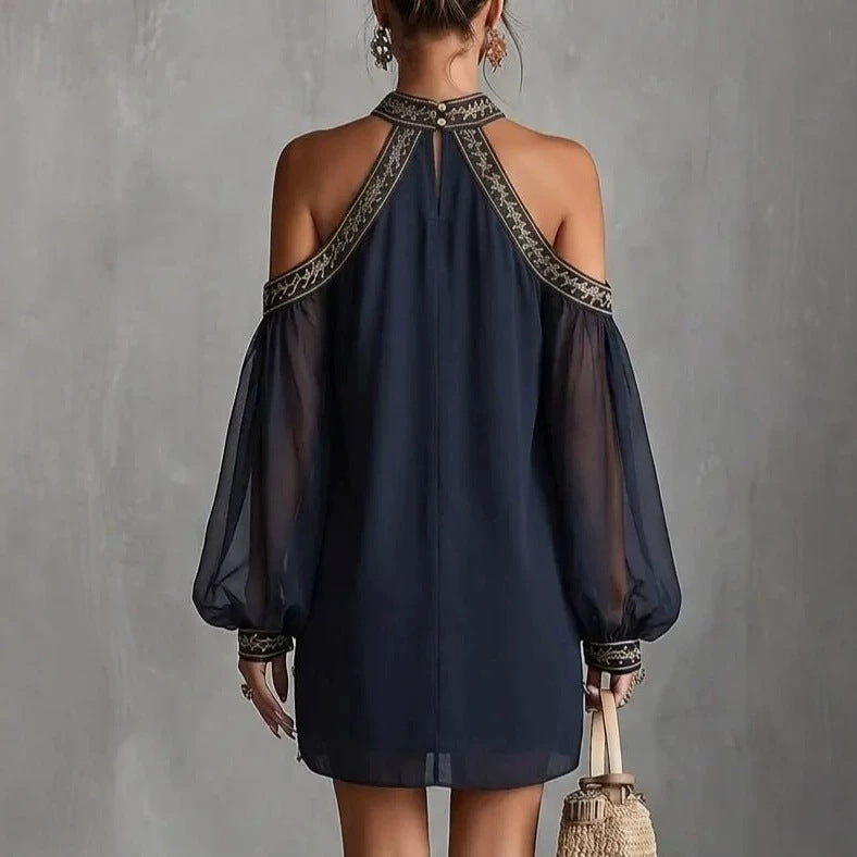 Embroidered Trim Sheer Long Sleeve Loose Tunic Dress