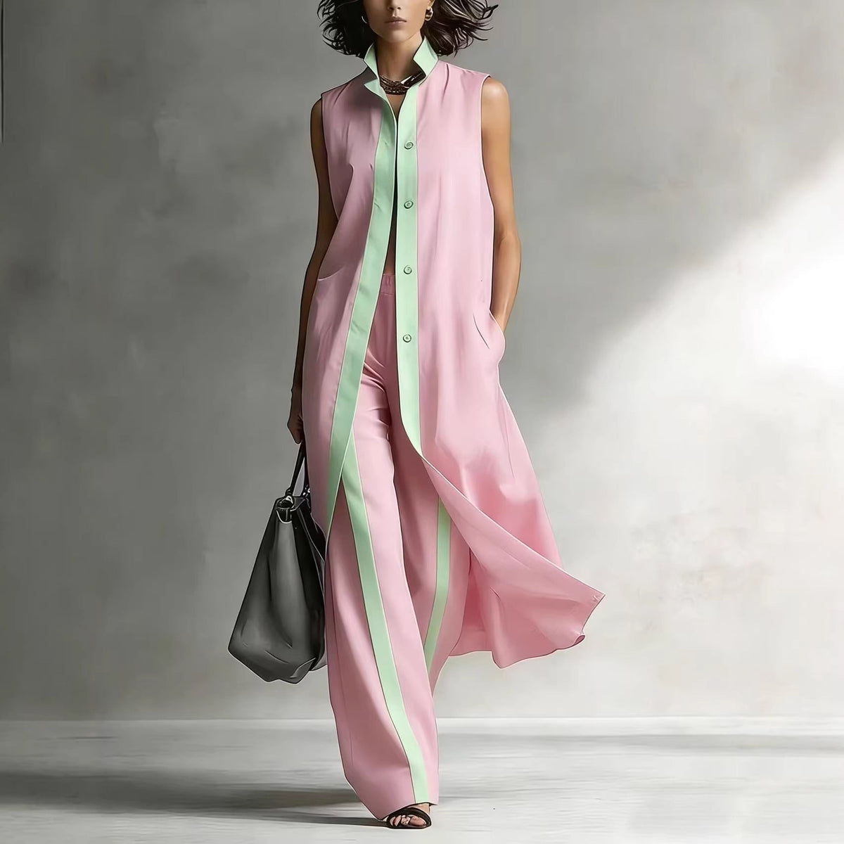 Contrast Sleeveless Tunic & Wide-Leg Pants Set Modern Sophistication, Effortless Tailored Style