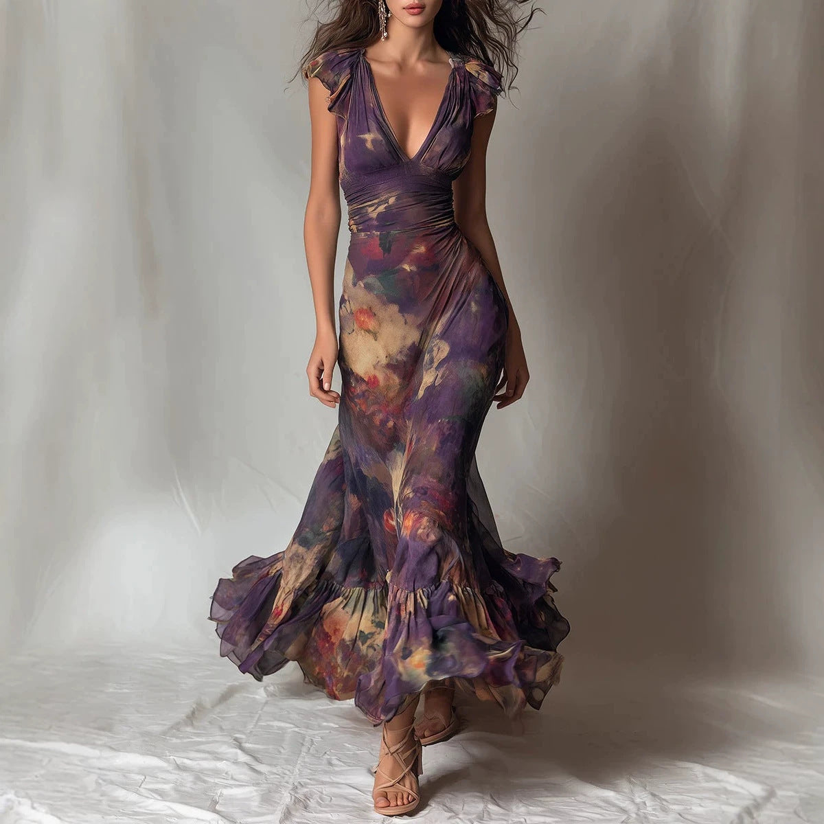 Deep V‑Neck Ruffle Cap Sleeve Watercolor Floral Maxi Dress