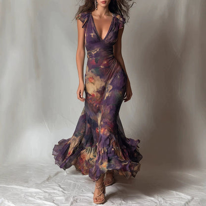Deep V‑Neck Ruffle Cap Sleeve Watercolor Floral Maxi Dress