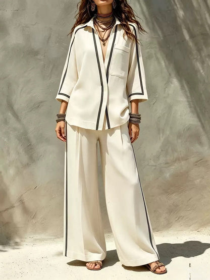 Ensemble deux pièces chemise à liseré contrastant et pantalon large