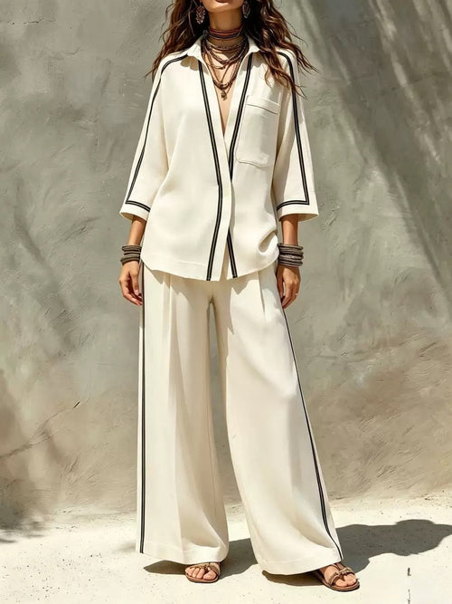 Ensemble deux pièces chemise à liseré contrastant et pantalon large