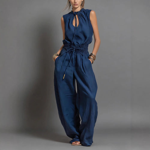 Beige Linen-Blend Smocked-Waist Jumpsuit