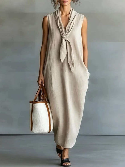 Natural Beige Linen Sleeveless Front Tie Knot Midi Shift Dress
