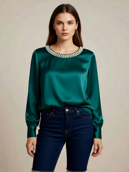 blouse femme ajustée à col perlé en satin luxueux, manches longues