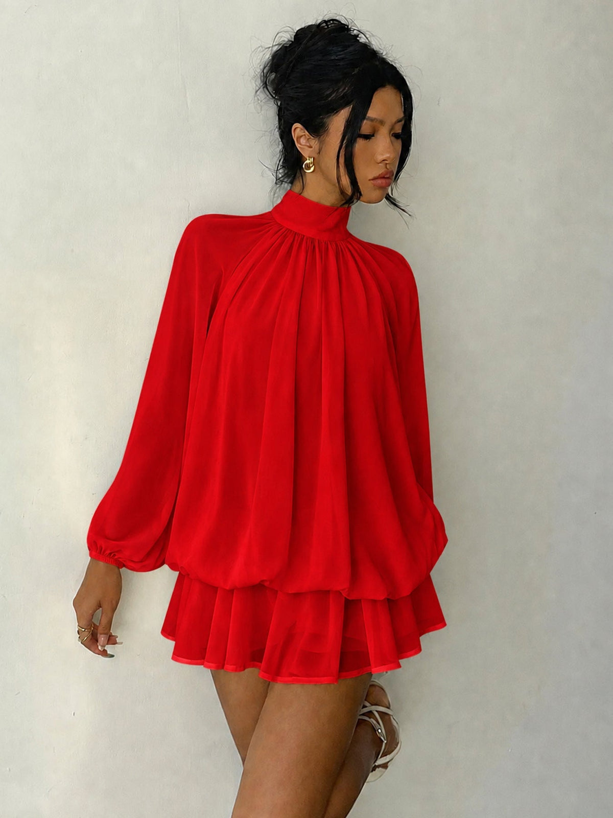 Mock Neck Long Sleeve Skort Dress Women Solid Ruffle Layer Hem Loose Casual Mini Dress - Red / XS