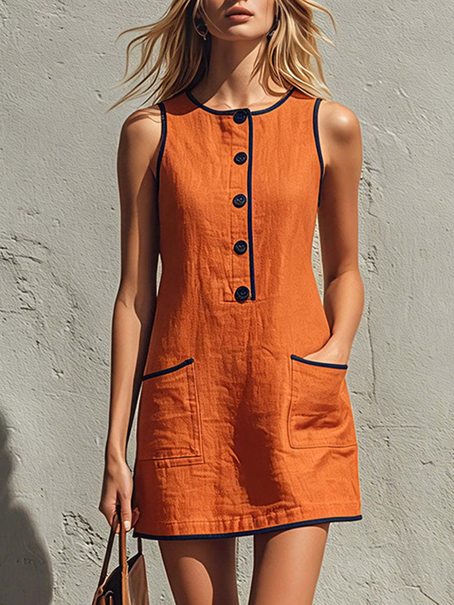 Sleeveless Button Front Casual Mini Dress with Pockets