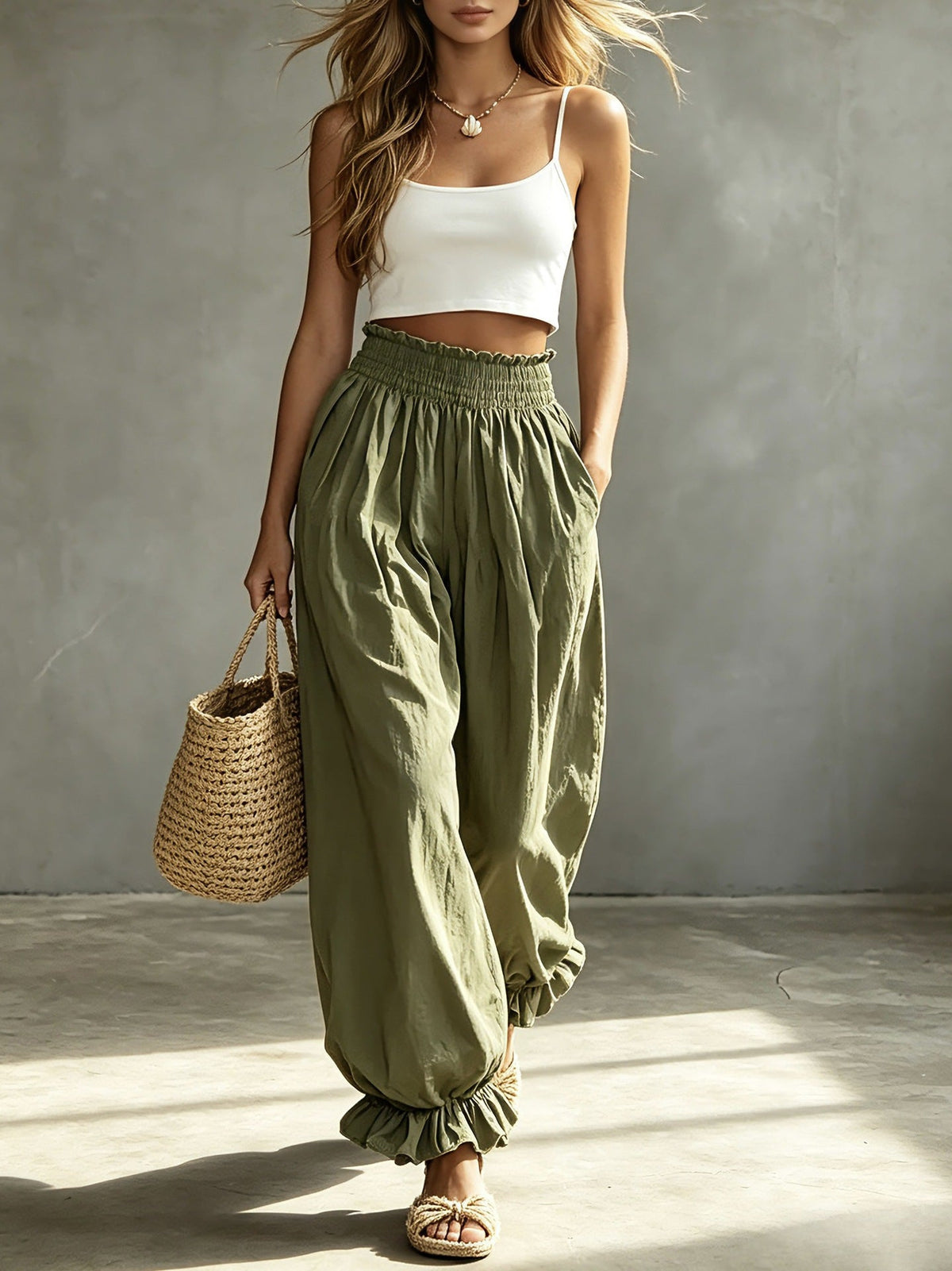 Pantalon décontracté bleu clair à volants et manches lanterne, taille élastique