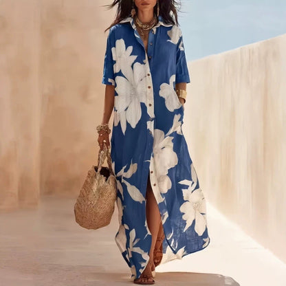 Robe longue fleurie décontractée à revers et boutons
