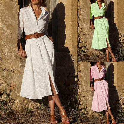 Nouvelle robe chemise femme d’automne, à boutons, manches longues, fournie avec ceinture
