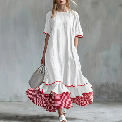 Linen Piping Stripe Ruffle Hem Loose Maxi Dress