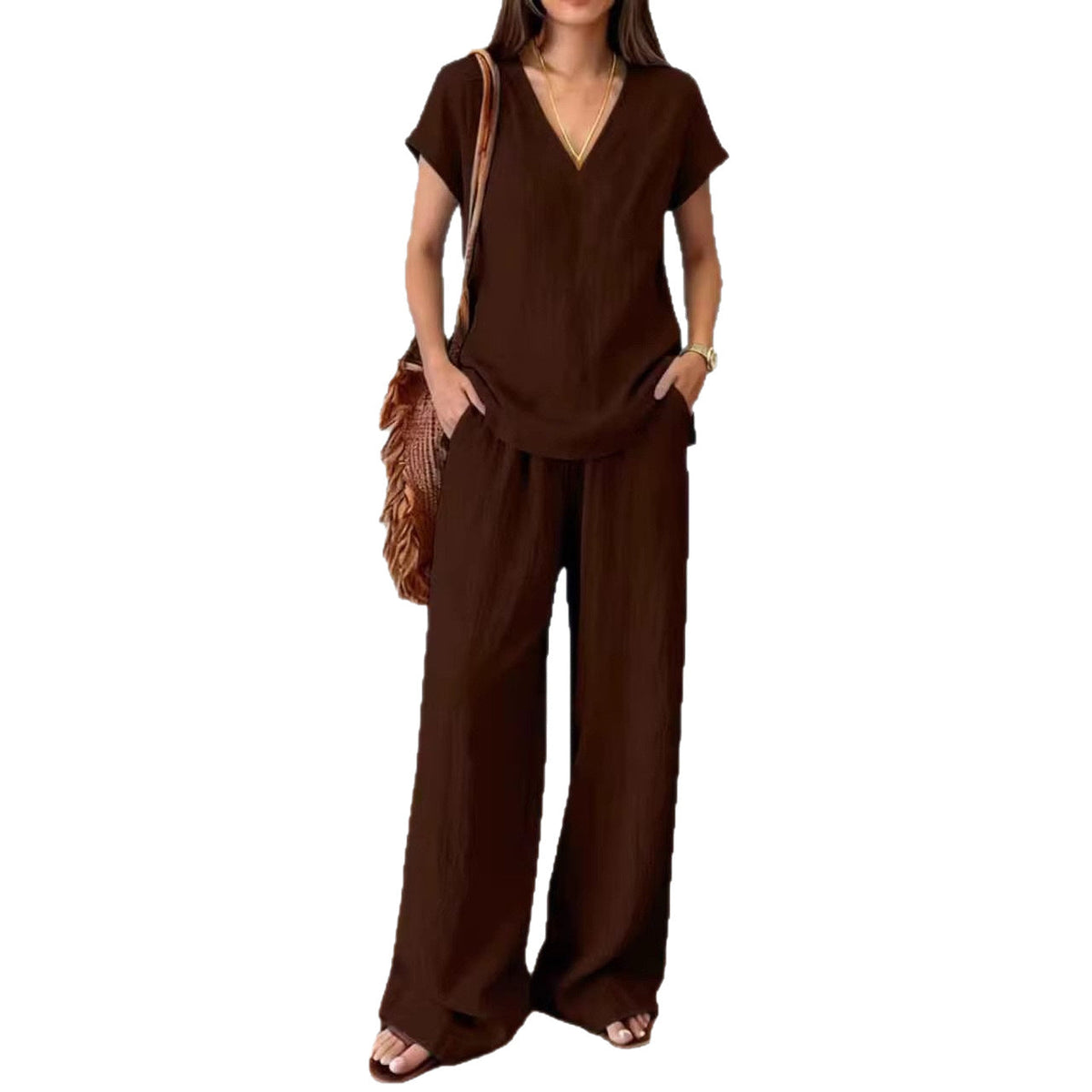 Linen V Neck Cap Sleeve Top & Elastic Waist Wide Leg Pants 2 Piece Co-Ord Set