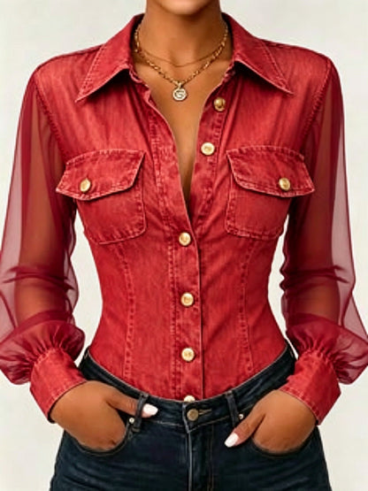 Sheer Mesh Sleeve Denim Blouse
