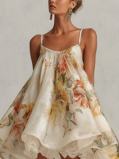 Women’s Vintage Floral Print Spaghetti‑Strap High‑Low Ruffle Mini Dress