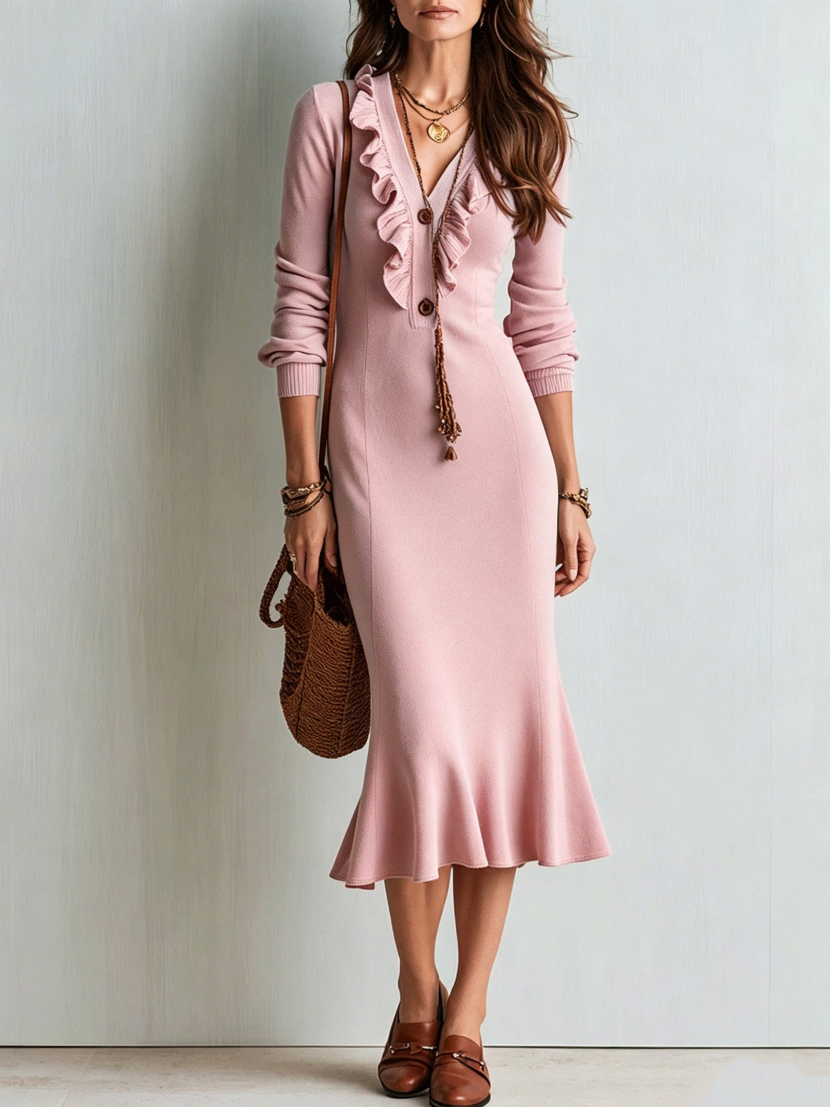 Robe midi en maille à encolure en V volantée et ourlet sirène