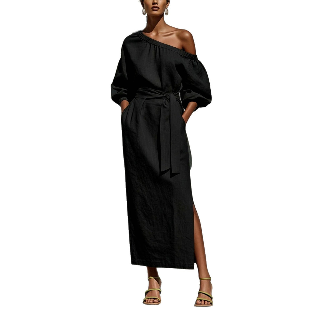 Linen One Shoulder Puff Sleeve Tie Waist Side Slit Midi Dress