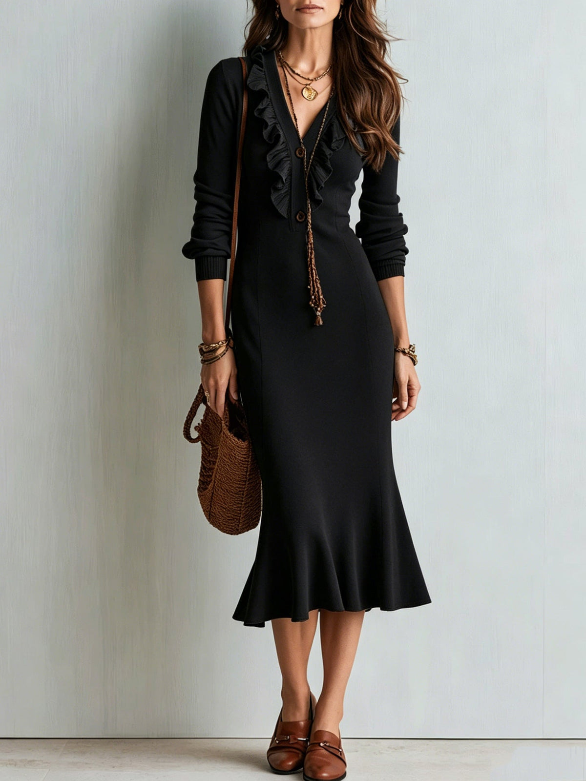 Robe midi en maille à encolure en V volantée et ourlet sirène