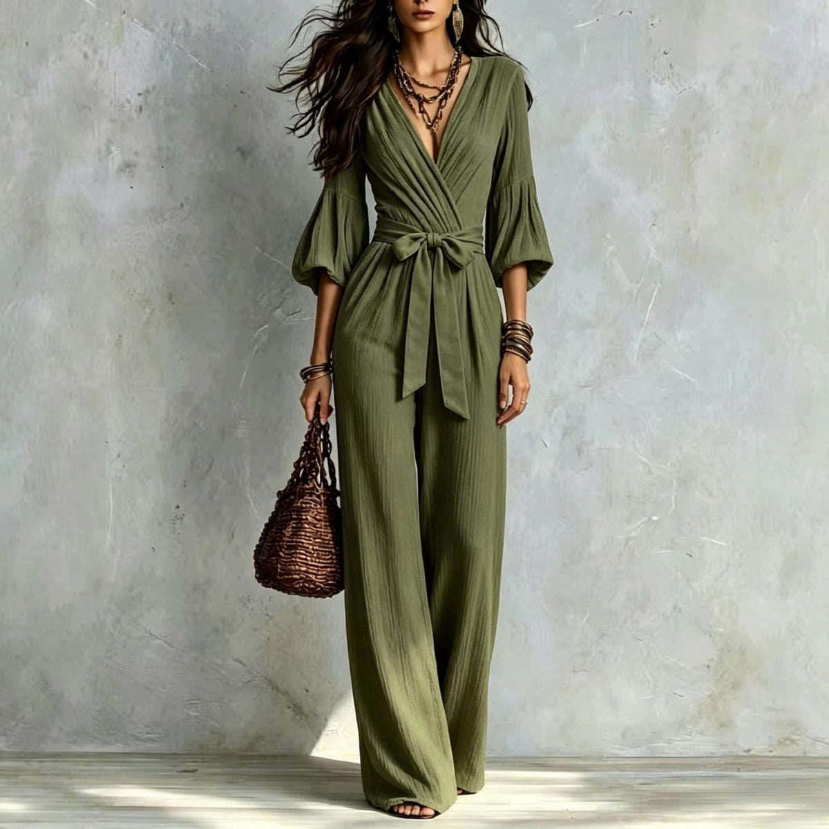 V‑Neck Wrap Belted Textured Wide‑Leg Jumpsuit With Balloon Sleeves - Army green / S