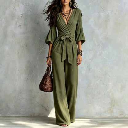 V‑Neck Wrap Belted Textured Wide‑Leg Jumpsuit With Balloon Sleeves - Army green / S