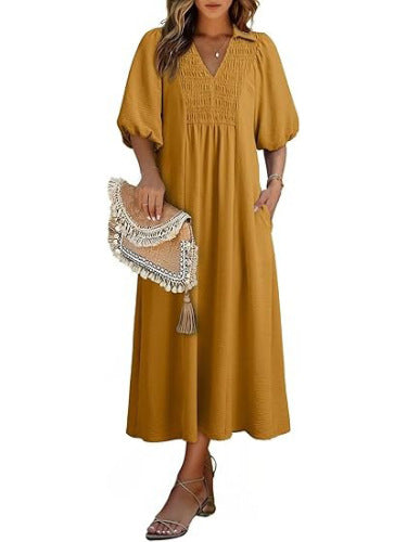 Smocked V‑Neck Puff‑Sleeve Midi Dress - Yellow brown / S