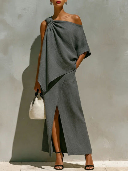 Asymmetric Knot Linen Two-Piece White Set