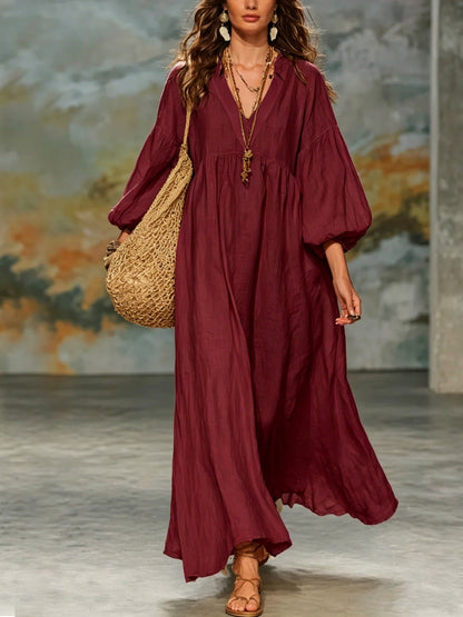 Robe longue Bohème col en V manches ballon en lin mélangé