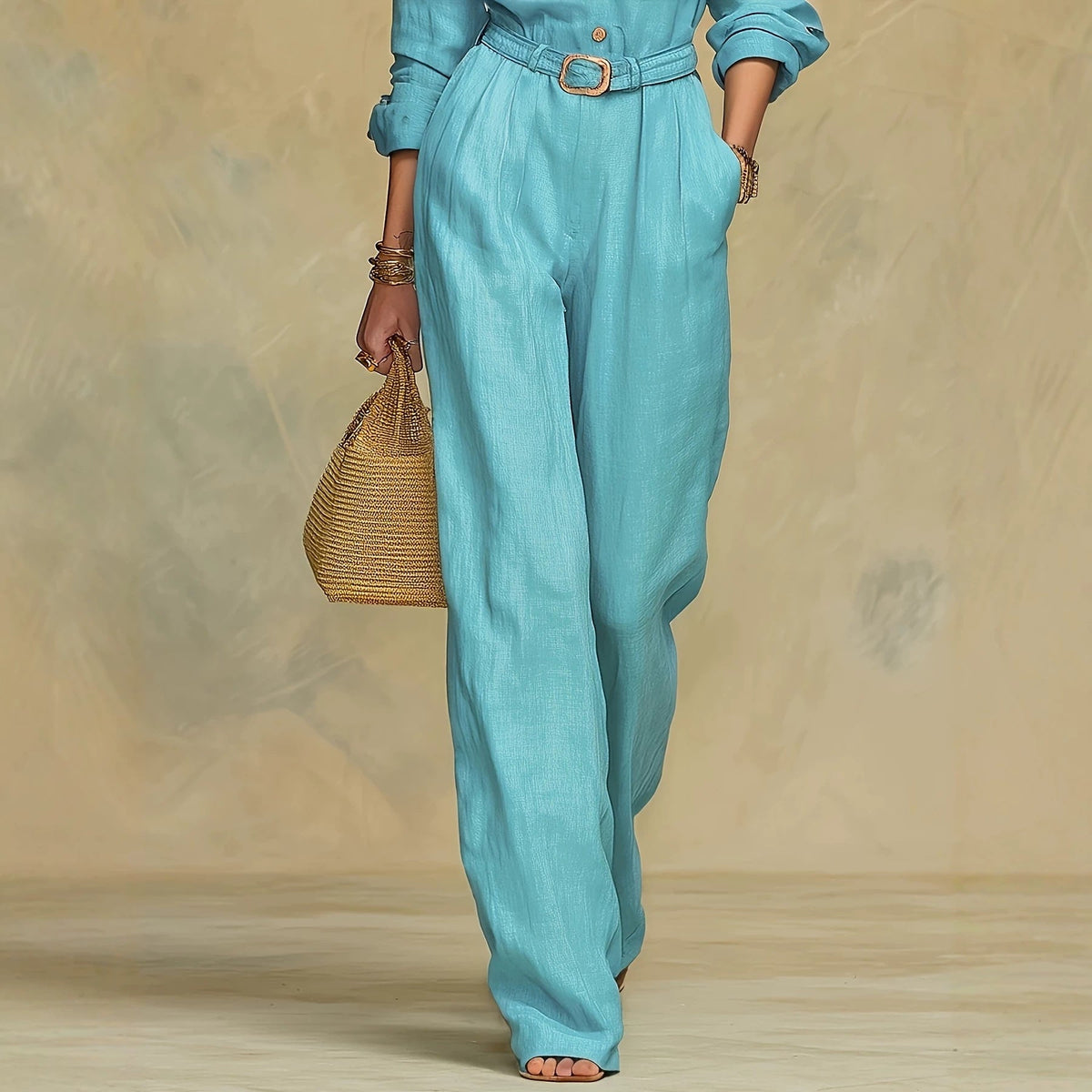 Classic Collared Belted Linen Blend Wide Leg Jumpsuit