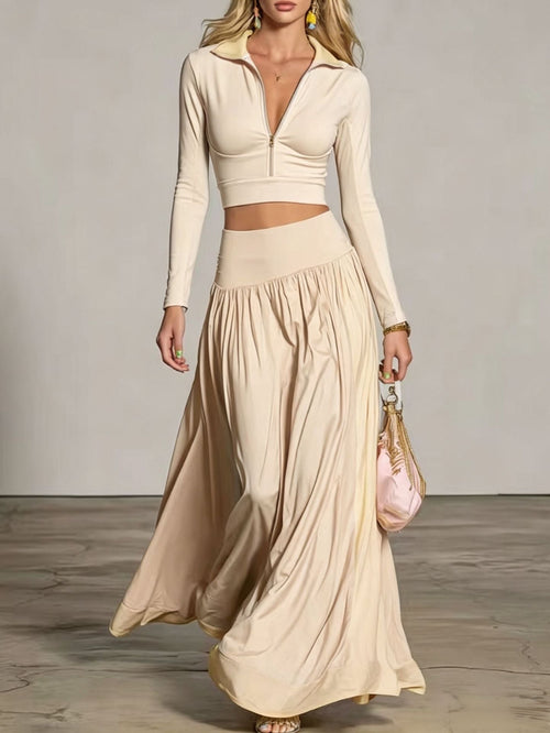 Half‑Zip Crop Top & High‑Waist Flowy Maxi Skirt Two‑Piece Set - Apricot / S