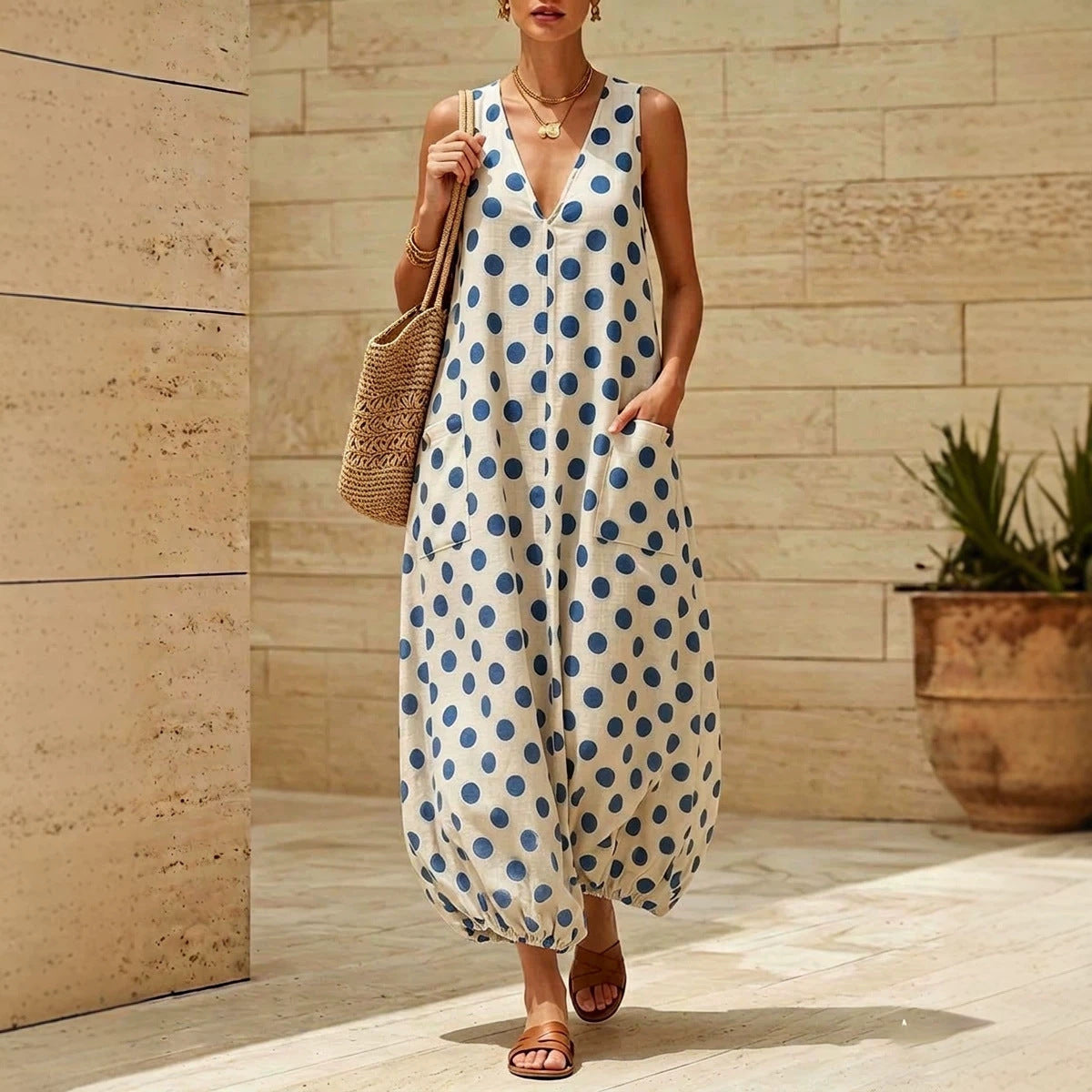 Vintage Polka Dot Sleeveless V-Neck Midi Dress with Side Pockets