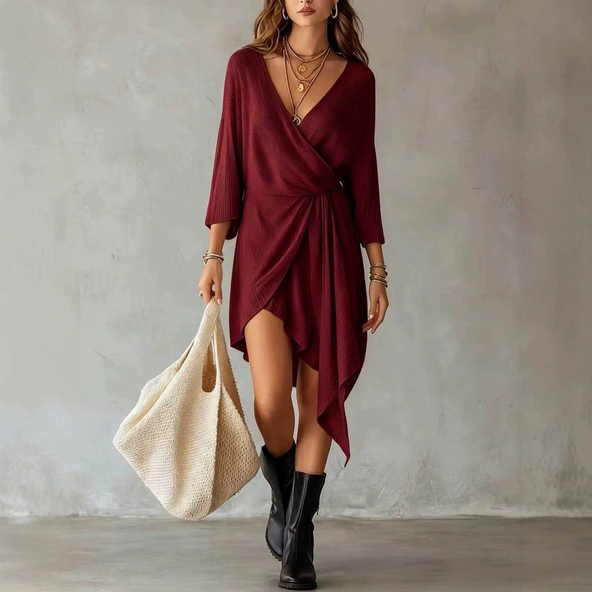 Cream Ribbed Knit Wrap‑Front Asymmetrical Mini Dress