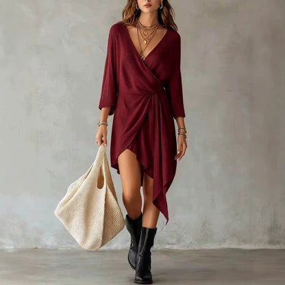 Cream Ribbed Knit Wrap‑Front Asymmetrical Mini Dress