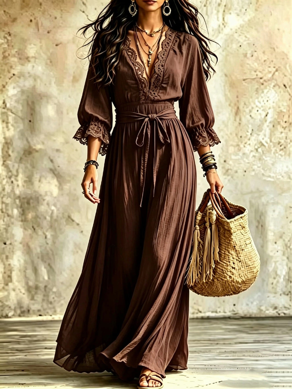 Women Boho V‑Neck Maxi Dress, 3/4 Flare Bell Sleeve Tie Waist A‑Line Flowy Long Dress Casual Vacation Beach Dress