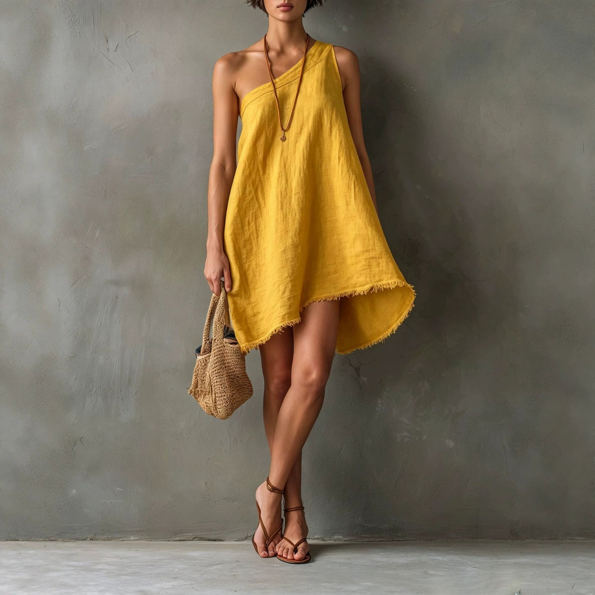Linen One Shoulder Frayed Hem Asymmetrical Mini Swing Dress
