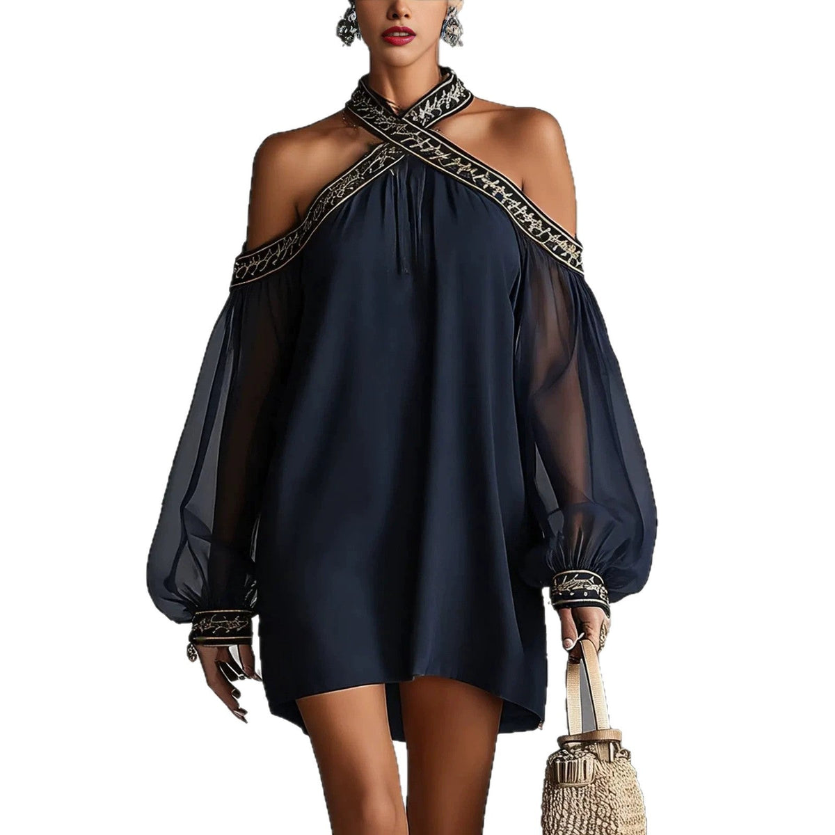 Embroidered Trim Sheer Long Sleeve Loose Tunic Dress