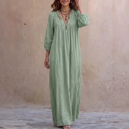 V‑Neck Ruffle Boho Maxi Dress Lantern 3/4 Sleeve Loose Casual Beach Cover‑up Caftan - Green / XS