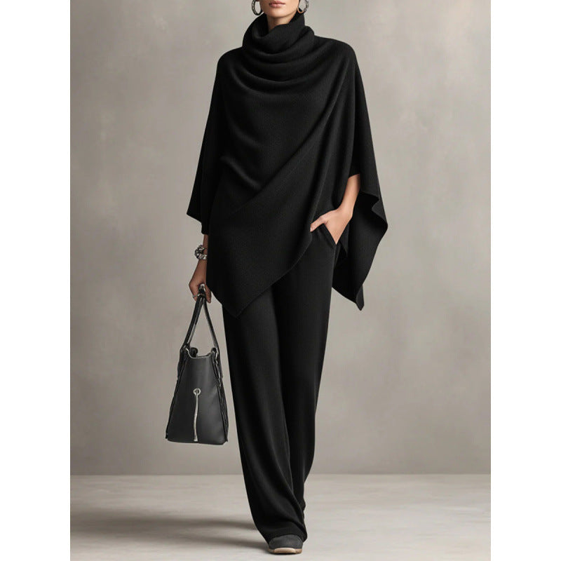 Cowl Neck Knit Poncho & Wide‑Leg Pants Two‑Piece Set