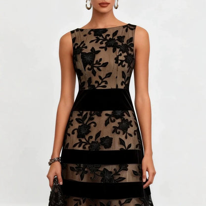 Nude Mesh Black Floral Lace Velvet Strip Sleeveless Midi Dress