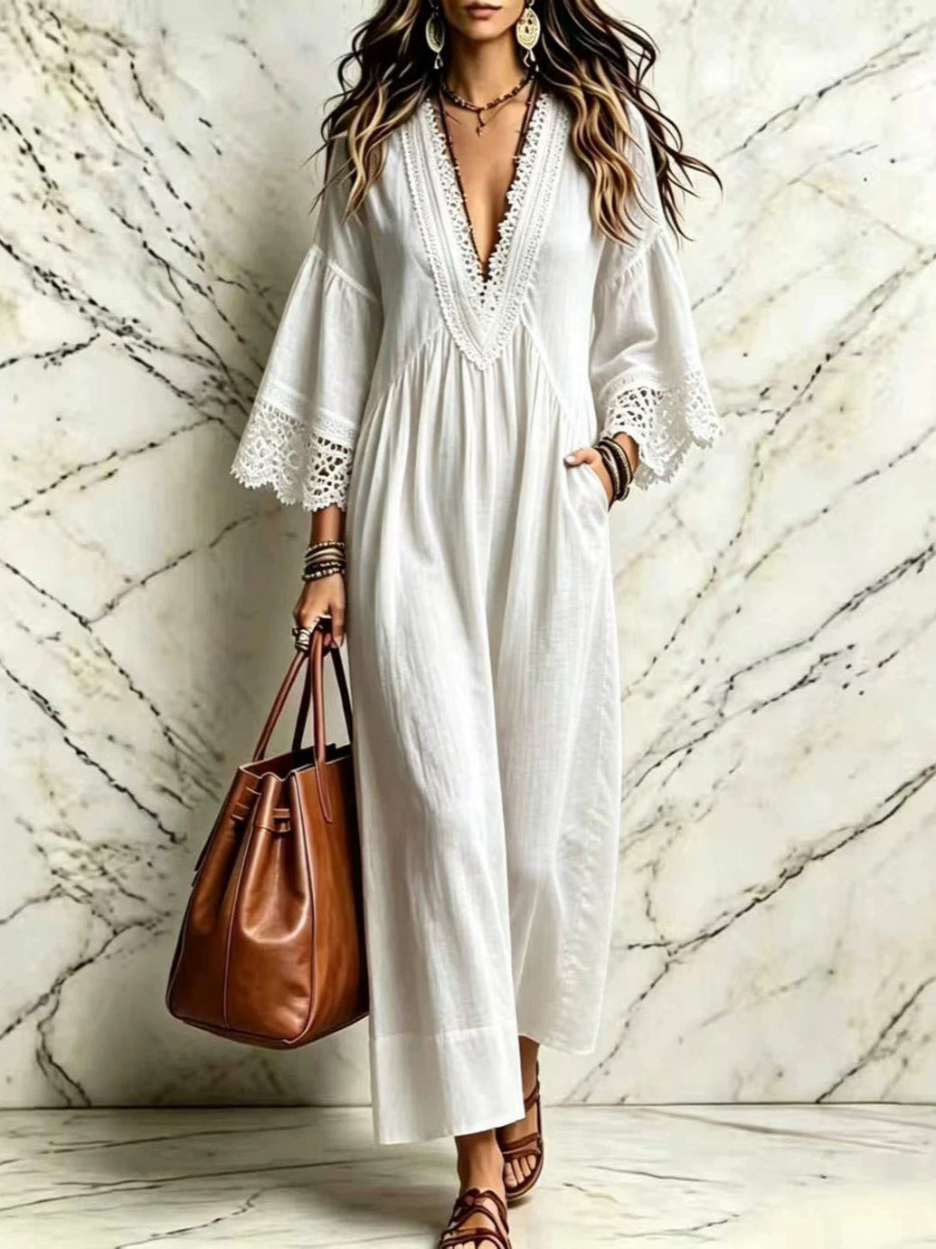 Robe longue bohème en dentelle et col en V pour femme, ample, manches 3/4, pour la plage ou les vacances