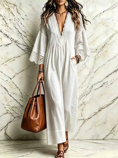 Robe longue bohème en dentelle et col en V pour femme, ample, manches 3/4, pour la plage ou les vacances