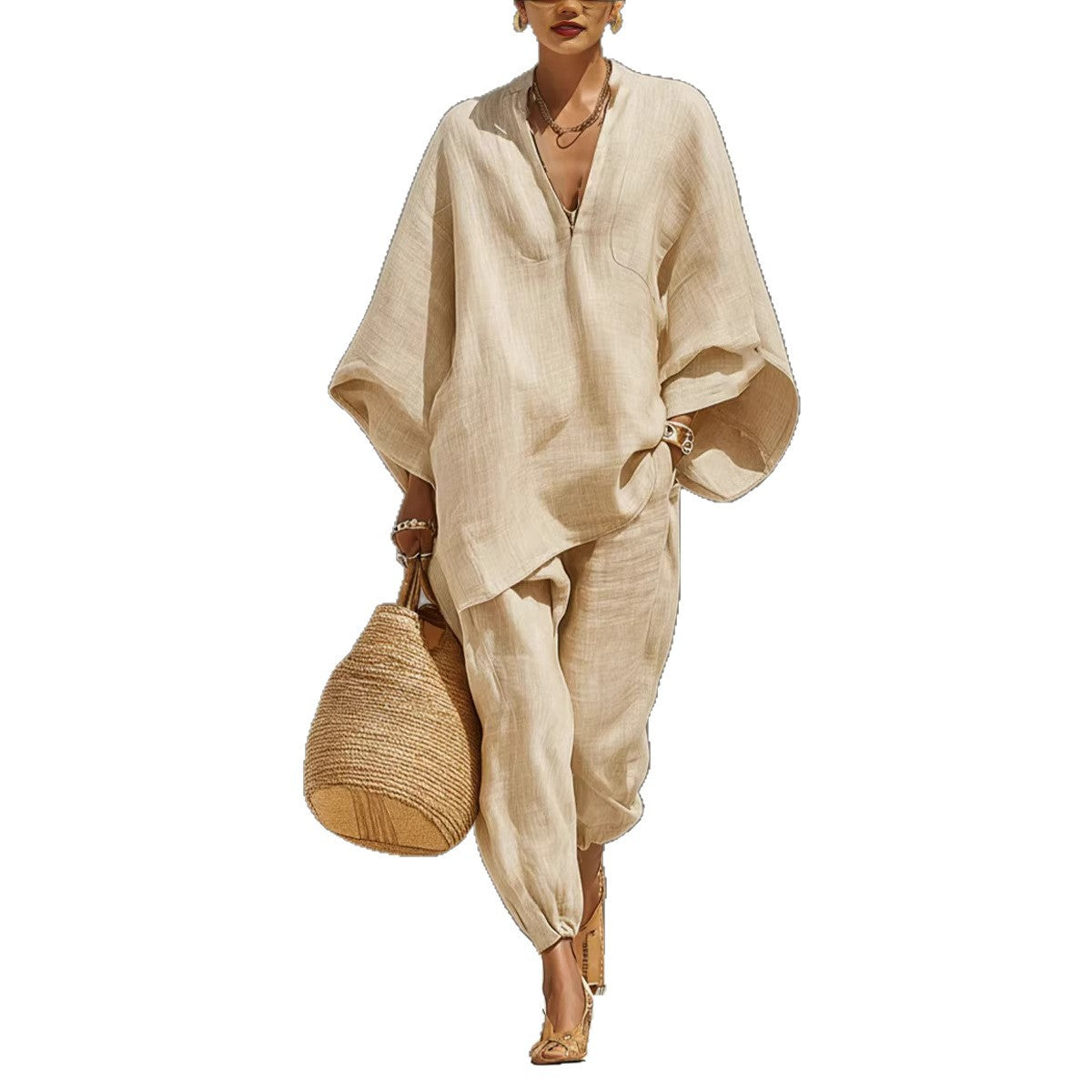 Ensemble lin neutre pour femme avec ourlet asymétrique & design minimaliste, ensemble de style décontracté‑quotidien sophistiqué