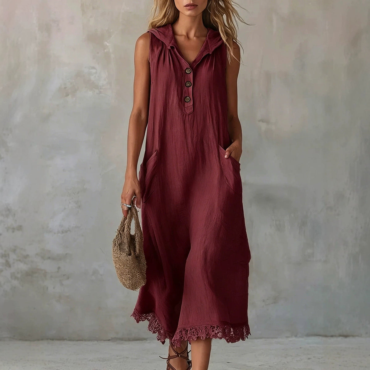 Sleeveless Collared Half Button Lace Hem Linen Midi Dress