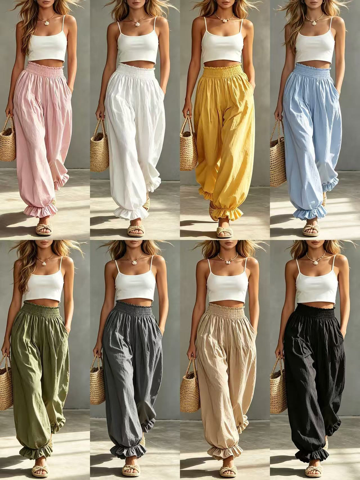 Pantalon décontracté bleu clair à volants et manches lanterne, taille élastique