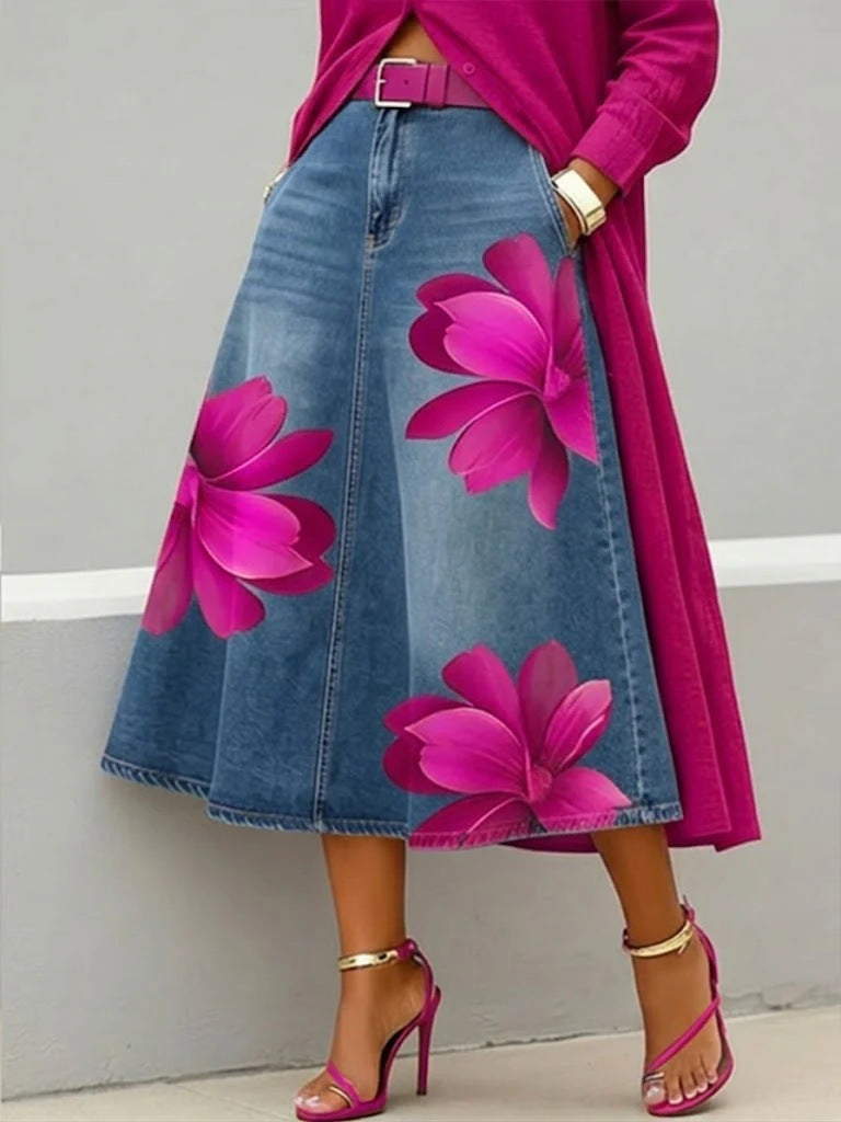 Floral Denim Midi Skirt