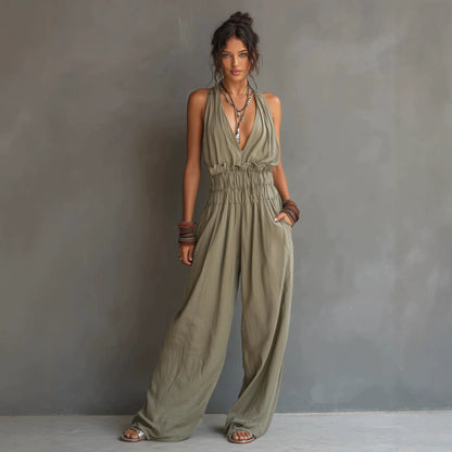 Halter Deep V Smocked Elastic Waist Wide Leg Palazzo Jumpsuit