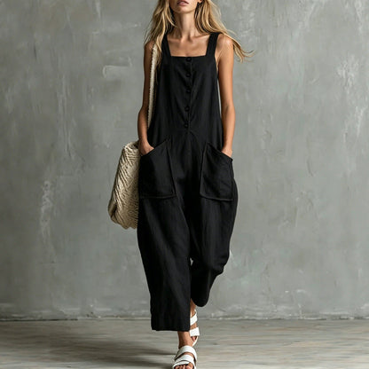 Loose Linen Square Neck Sleeveless Pocket Jumpsuit Casual Overall